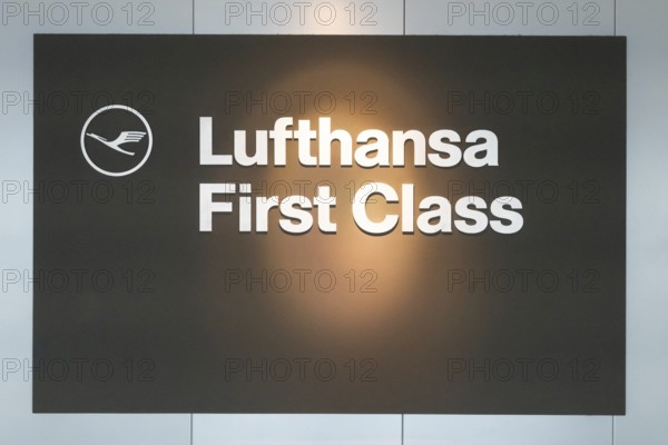 Illuminated sign in the airport for a lounge with the inscription Lufthansa First Class, Frankfurt, Germany