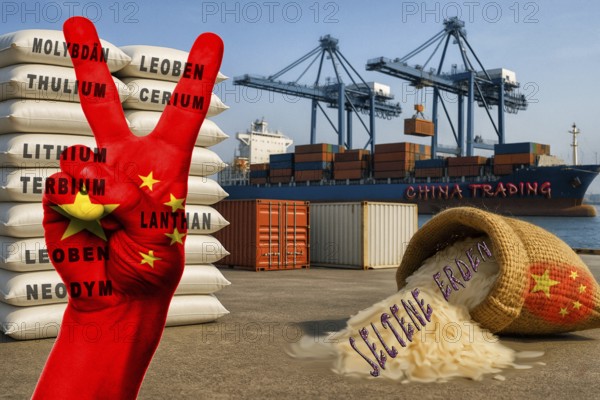 Symbolic image, China, rare earths, export restrictions, Germany, EU, European Union, Hafen International, economic relations, protectionism, surveillance, social spider web, trade dispute, punitive tariffs, economic war, international markets, East-West conflict, Russia, Ukraine war, hegemony, global economy, dominance, espionage, social media, social networks, GDPR General Data Protection Regulation, data siphoning, data collection, data sale, security, Tiktok, Huawei