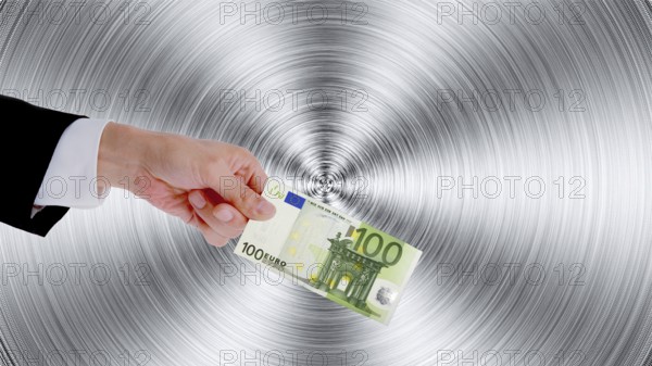Symbolic image, hand reaches out 100-euro note, purchasing power, stable currency, currency war, Wall Street and Dax upswing, President Trump's erratic decisions, global tariffs, tariffs, share prices, euro, euro exchange rate, euro high, exchange rates, dollar parity, investment, recession worries, inflation, exports, raw materials and primary products in dollars, oil in dollars, world crisis, Ukraine war, Germany, loss of democracy, autocracy, China, Russia