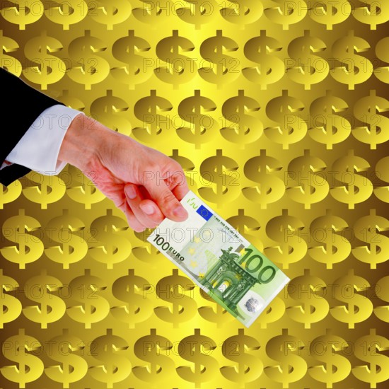 Symbolic image, hand holds out 100-euro note in front of dollar wall, Wall Street and Dax upswing, President Trump's erratic decisions, global tariffs, tariffs, share prices, euro, euro exchange rate, euro high, exchange rates, dollar parity, financial investment, recession worries, inflation, exports, raw materials and primary products in dollars, oil in dollars, world crisis, Ukraine war, Germany, loss of democracy, autocracy, China, Russia
