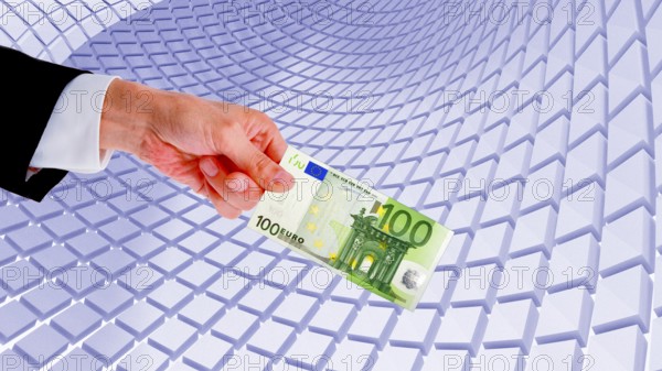 Symbolic image, hand extends 100-euro note, Wall Street and Dax upswing, President Trump's erratic decisions, global tariffs, share prices, euro, euro exchange rate, euro high, exchange rates, dollar parity, financial investment, recession worries, inflation, exports, raw materials and primary products in dollars, oil in dollars, world crisis, Ukraine war, Germany, loss of democracy, autocracy, China, Russia