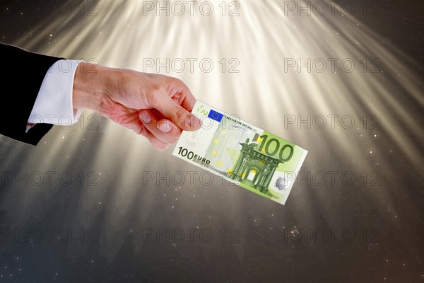 Symbolic image, hand reaches out 100-euro note, purchasing power, stable currency, currency war, Wall Street and Dax upswing, President Trump's erratic decisions, global tariffs, tariffs, share prices, euro, euro exchange rate, euro high, exchange rates, dollar parity, investment, recession worries, inflation, exports, raw materials and primary products in dollars, oil in dollars, world crisis, Ukraine war, Germany, loss of democracy, autocracy, China, Russia