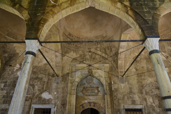 Interior with antique arcades and stone decorations in a historic building, Recep Pasha Mosque, Old Town, Turkish Quarter, Rhodes Town, Rhodes, Dodecanese, Greek Islands, Greece