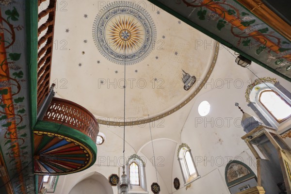 Interior view of a mosque with decorated dome, Ibrahim Pasha Mosque, Old Town, Turkish Quarter, Rhodes Town, Rhodes, Dodecanese, Greek Islands, Greece