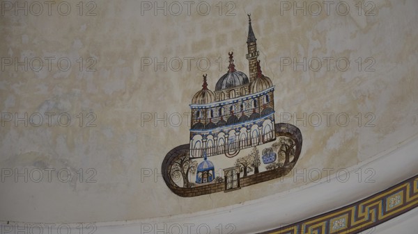 Historical fresco with mosque image on a domed wall, Ibrahim Pasha Mosque, Old Town, Turkish Quarter, Rhodes Town, Rhodes, Dodecanese, Greek Islands, Greece