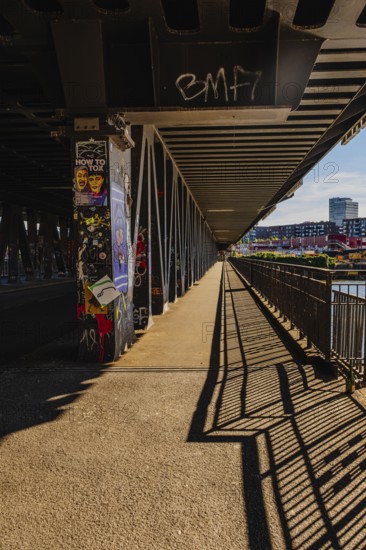 View along the footpath of the Oberhafenbrücke, Hamburg, Germany