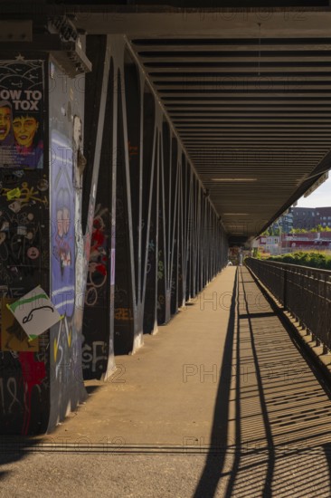 View along the footpath of the Oberhafenbrücke, Hamburg, Germany