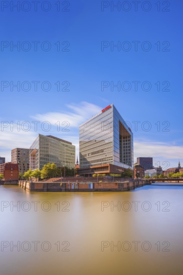 Long-term view of the mirror building at Oberehafen and Ericusgraben from the Oberhafenbrücke, Hamburg, Germany