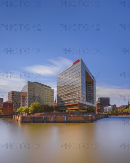Long-term view of the mirror building at Oberehafen and Ericusgraben from the Oberhafenbrücke, Hamburg, Germany