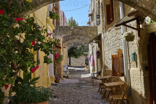 Idyllic, flower-filled alleyway with arches and old stone buildings in historic style, Turkish Quarter, Rhodes Old Town, Rhodes Town, Rhodes, Dodecanese, Greek Islands, Greece