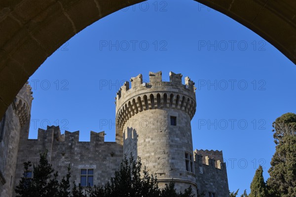 Tor tor Grand Master's Palace, castle with imposing tower and battlements, framed by a strong blue sky, Rhodes Old Town, Rhodes Town, Rhodes, Dodecanese, Greek Islands, Greece