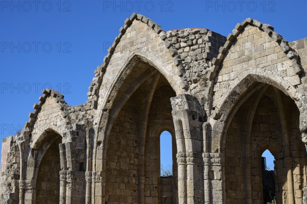 Church of Virgin Mary of the Castle, Gothic ruins with striking arches under a clear blue sky, conveys an atmosphere of history and tranquillity, Rhodes Old Town, Rhodes Town, Rhodes, Dodecanese, Greek Islands, Greece