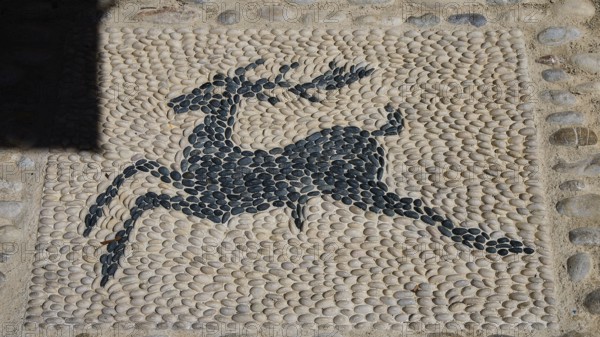 Mosaic artwork of a deer made of pebbles in the street, Turkish Quarter, Rhodes Old Town, Rhodes Town, Rhodes, Dodecanese, Greek Islands, Greece