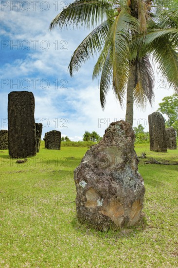 In the foreground ancient stone monolith Stone monolith in the shape of head with unexplained meaning in listed archaeological site Badrulchau with ancient stone monoliths Stone monoliths in the sub-state of Ngarchelong on Babeldaob Island, Babeldaob, Republic of Palau