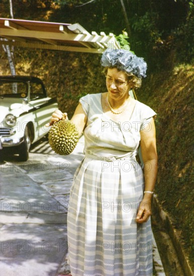 British expatriate woman holding a durian fruit, durio zibethinus, she is wearing smart clothing of 1950s - 1960s fashion style, Singapore, south east Asia 196s