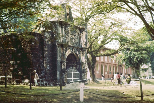 Porta de Santiago, historic Portuguese gateway of A Famosa fortress, Malacca or Melaka, Malaya, Malaysia, south east Asia 1964