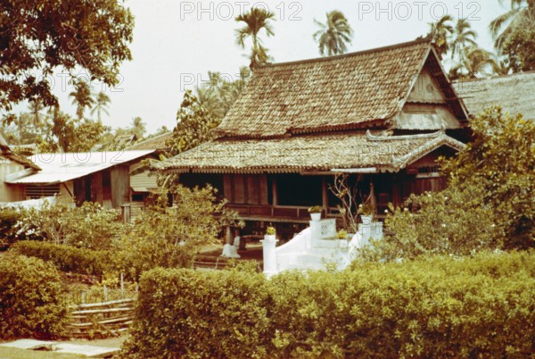Historic traditional architecture Malay house, Malacca or Melaka, Malaya, Malaysia, south east Asia 1964
