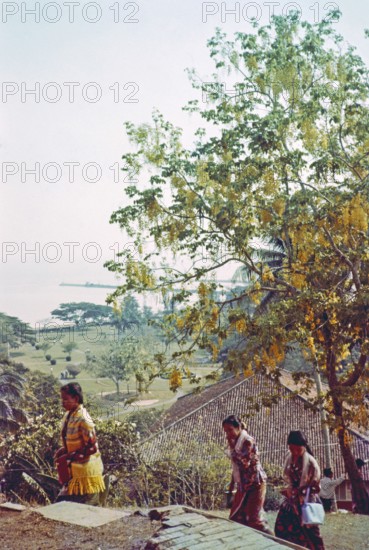 View over Coronation Park to coastline prior to land reclamation, Malacca or Melaka, Malaya, Malaysia, south east Asia 1964 taken from church of Saint Paul hilltop