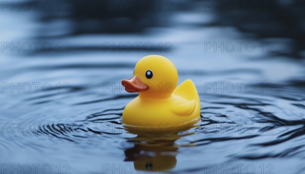 Rubber Duck Floating In Water: A Cute Yellow Rubber Duck Gently Bobbing On The Surface Of The Calm Water In A Serene Setting, AI generated