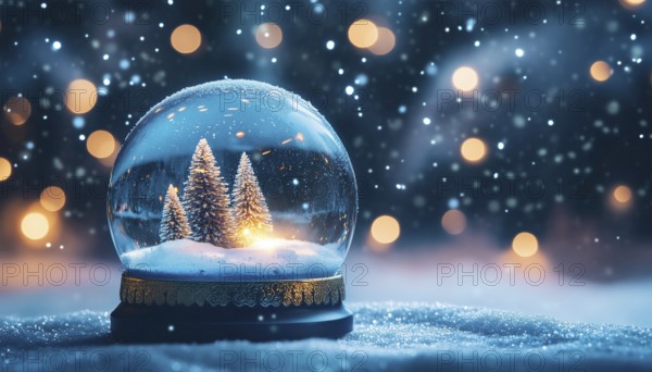 Elegant Christmas Snow Globe In Evening Night Wishes With Falling Snow And Soft Focus Blue Abstract Background. A Beautiful Winter Scene, AI generated