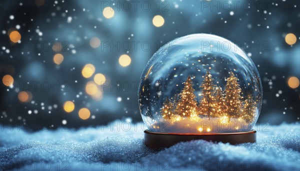 Enchanting Christmas Snow Globe In Evening Night With Falling Snow And Abstract Blue Defocused Background. Transform Your Holiday Decor With This Magical Scene, AI generated
