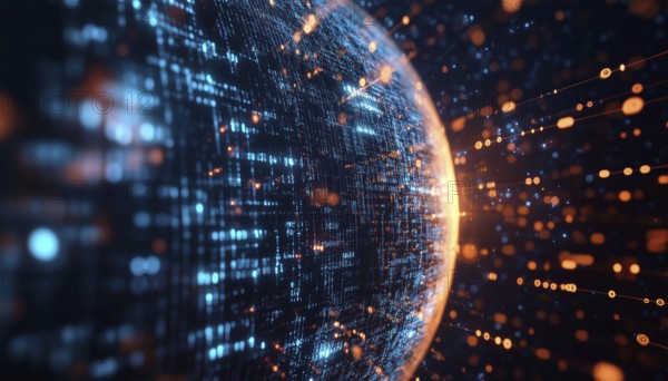 Digital Image Of Globe With Binary Coding And Data Processing On Dark Background: Global Artificial Intelligence, Connections, Computing, And Data Processing, AI generated