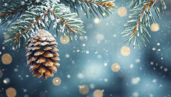 Christmas Fir Branch Adorned With Pine Cone And Snow Flakes For The Holiday Season - A Festive Decoration For Christmas Time, AI generated