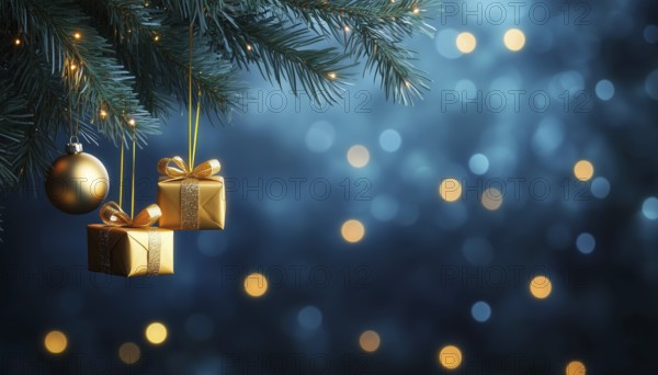 Festive Scene: Christmas Tree Nestled In Bauble On Fir Branch Amidst Blue Abstract Night Sky With Gift Boxes, AI generated