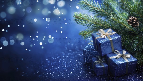 Festive Decor: Ornamented Christmas Tree With Presents On A Pine Branch Against A Blue Abstract Night Background, AI generated