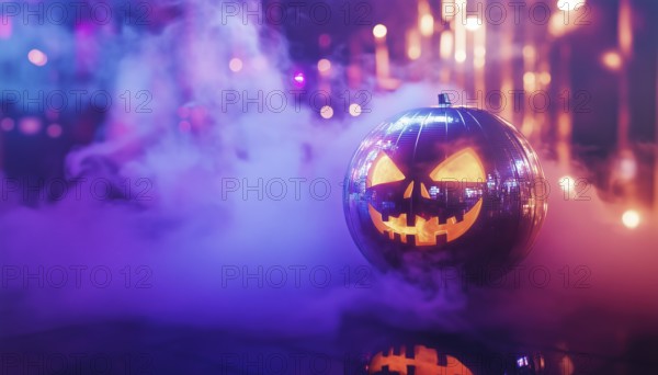 Glowing Halloween Mirror Ball In Pumpkin Disco: Spooky Sphere, Nightclub Atmosphere, Smoke, Abstract Light Effects, AI generated