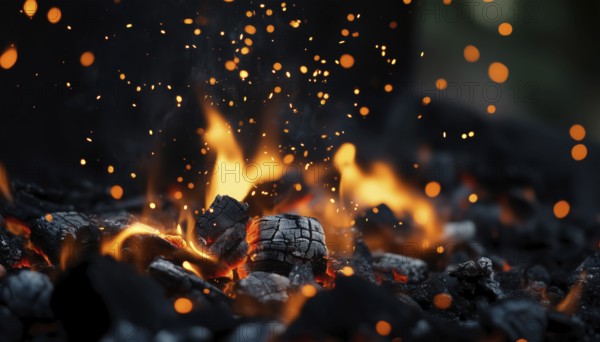 Barbecue Charcoal: Generating Hot Flames And Abstractly Defocused Sparks - Perfect For Grilling And Outdoor Cooking Experiences. Enjoy The Fire!, AI generated
