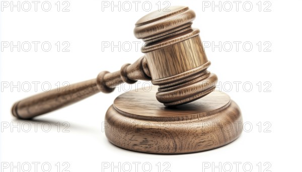 Wooden Judge'S Gavel For Adjudication On White Background: Auction Hammer With Stand For Law And Justice Proceedings, AI generated