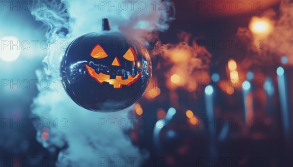 Spooky Halloween Mirror Ball In Disco Pumpkins With Face Reflected On Sphere In Nightclub Amid Smoke And Abstract Lights, AI generated