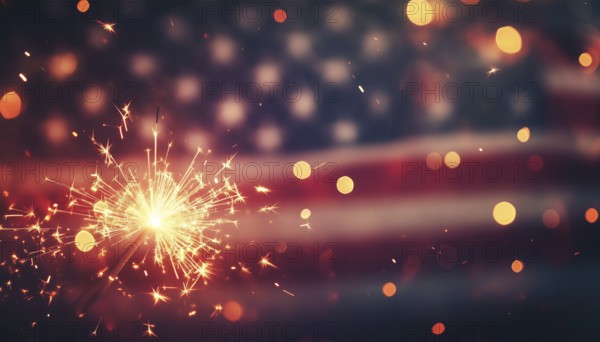 Abstract Defocused Lights On An American Flag With Sparkler For Independence Day And Memorial Day Celebrations In The United States, AI generated