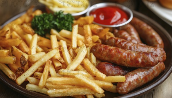 Crispy French Fries And Savory Sausage Platter: Turkish Delight Patates Ve Sosis Kizartmasi. Enjoy A Perfect Pairing Of Flavors!, AI generated