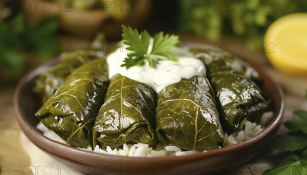 Mouthwatering Dolma Sarma: Grape Leaves Stuffed With Rice, Served With White Yogurt Sauce. Authentic Middle Eastern Cuisine From Lebanon, Turkey, And Greece, AI generated