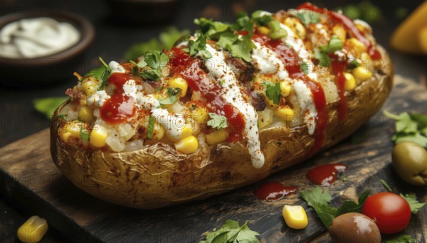 Traditional Turkish Kumpir: Baked Potato Loaded With Cheese, Corn, Sausage, Ketchup, Mayonnaise, And Olives- A Classic Turkish Dish, AI generated