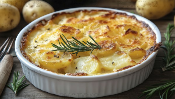 Creamy And Cheesy Potato Gratin With Rosemary: A Turkish Delight Of Baked Potatoes Topped With Forks And Kremali Patates, AI generated