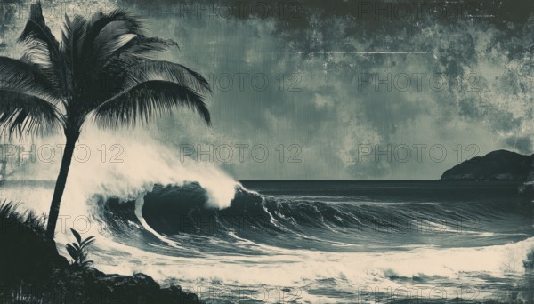 Monochrome Rockstar Coconut Palm Tree Wave Ocean Board Surf Summer In Mezzotint Photocopy Style For Grunge Punk Y2k Collage: Brutalist Vintage Music Poster Elements, AI generated
