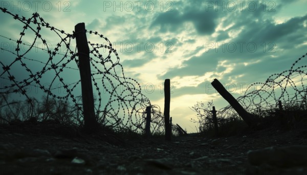 Silhouette Of Barbed Wire And Wooden Stake On The Ground: Elements Of Trench Warfare In A Historical Setting, AI generated