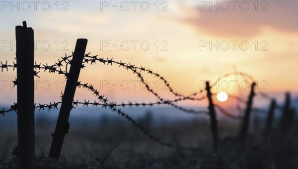 Silhouette Of Barbed Wire And Wooden Stake On The Ground: Elements Of Trench Warfare Depicted In The Scene, AI generated