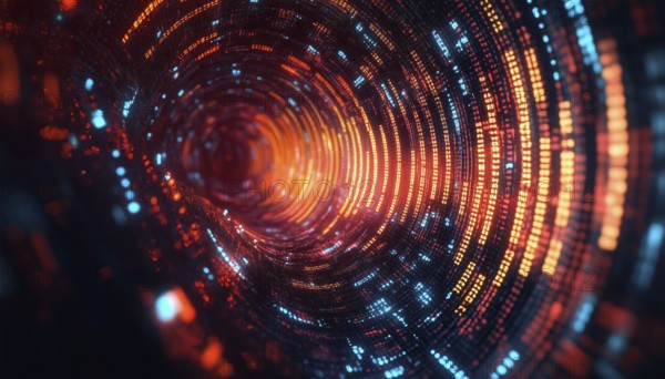 Digital Artwork Featuring Loading Circles, Computer Language, And Abstract Patterns On Gradient Background. Holographic, Illuminated, Progressing Coding And Technological Elements In A Digital Generation, AI generated