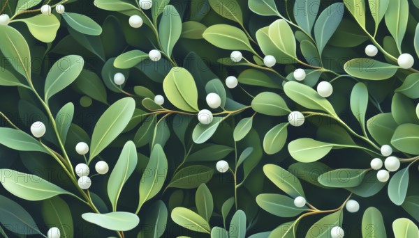 Effortless Elegance: Mistletoe Bunch Pattern Featuring Green Branches And White Berries For Seasonal Christmas Plant Decoration And Winter Holidays Botanical, AI generated