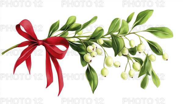 Festive Mistletoe Branches Adorned With Berries And A Red Bow On A White Background. Traditional Christmas Decorative Element For Winter Season, AI generated