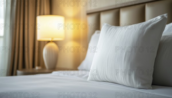 Luxurious White Pillow And Elegant Lamp In Hotel Bedroom Interior With Warm White Balance Processing For A Serene Ambiance, AI generated