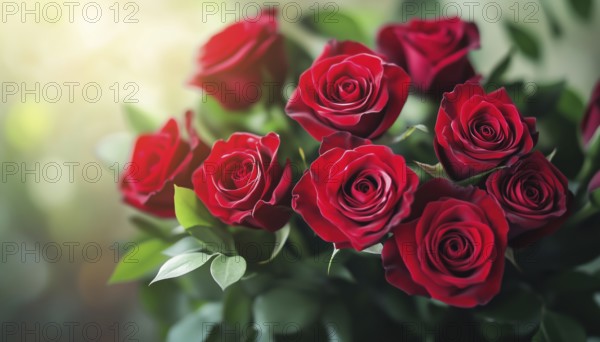 Stunning Bouquet Featuring Red Roses And Leaves: Perfect Floral Arrangement For Wedding, Birthday, Valentine'S Day, Mother'S Day, And All Holidays, AI generated