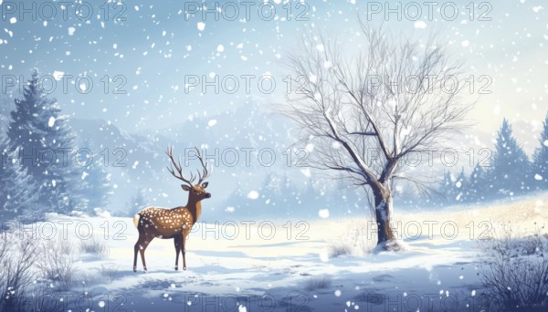 Abandoned Tree Standing In Snowy Winter Landscape With Deer And Fawn, All Surrounded By Falling Snow. Festive Holiday Card For Christmas And New Year, AI generated
