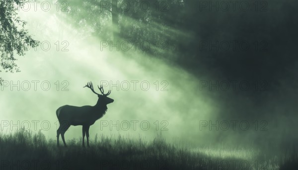 Enchanting Misty Forest Scene: Deer Silhouette In Meadow With Trees And Grass In Green And Black. Serene, Magical Atmosphere With Fog, AI generated
