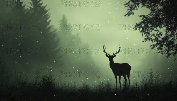 Forest Meadow: Enchanting Deer Silhouette Amongst Trees, Grass, And Mist. Green And Black Magical Landscape With Foggy Ambiance, AI generated