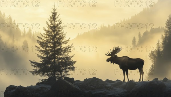 Majestic Moose Silhouette On Hill With Tree, Mountains, And Forest In Enchanting Misty Landscape. Horizontal Orientation, AI generated